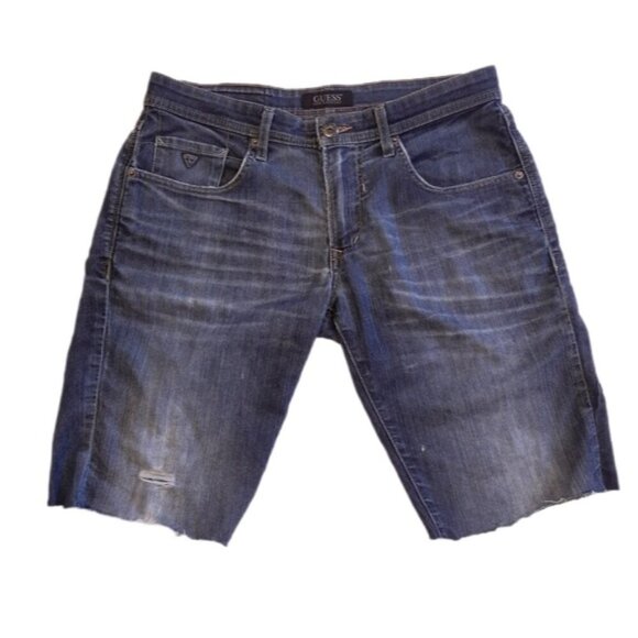 GUESS Vermont Slim Custom Cut Off Denim Shorts Distressed Dark Wash Jean - Picture 1 of 14